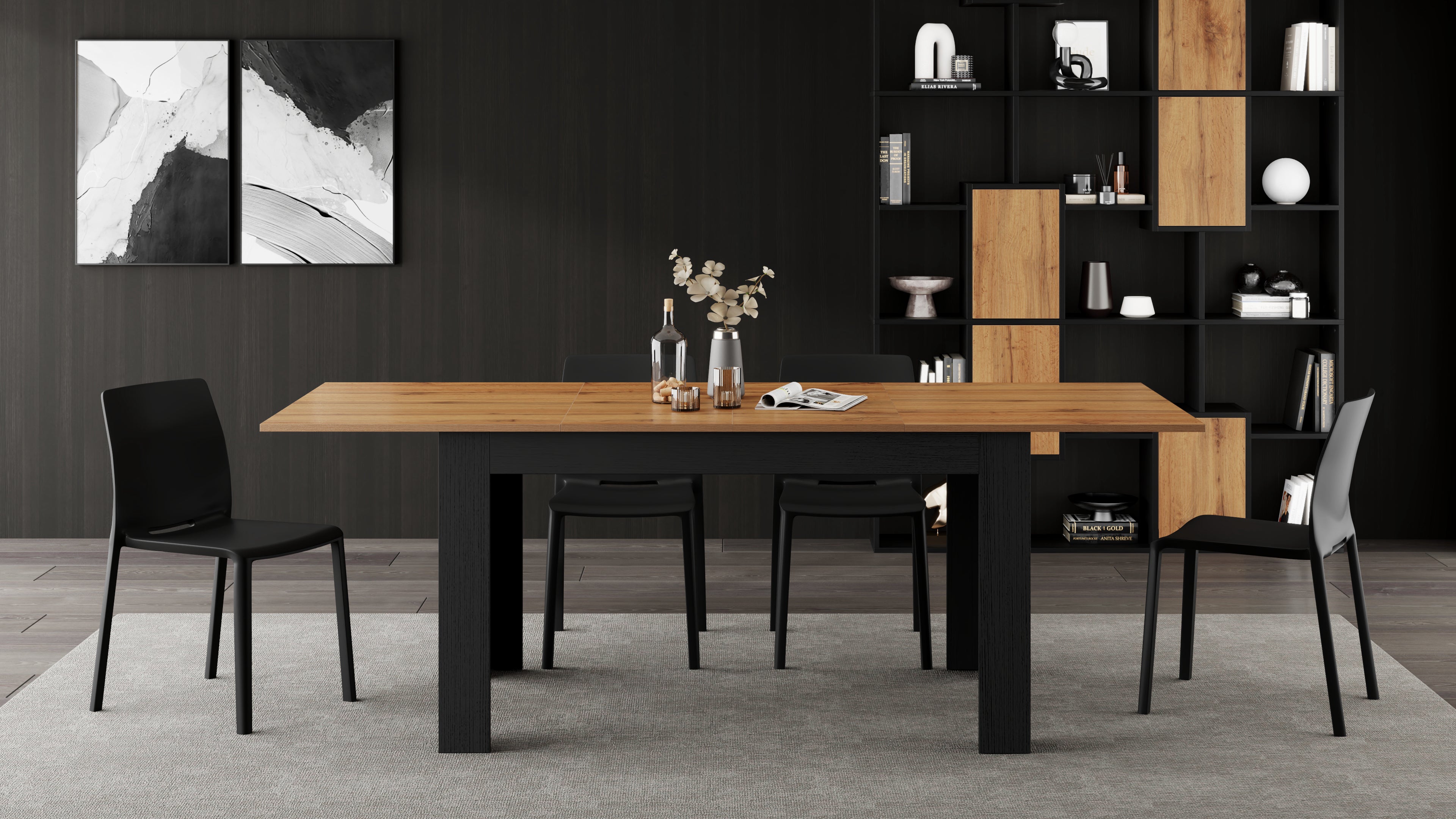 Table extensible Easy — Chêne Rustique & Frêne Noir — 140(220)x90 cm