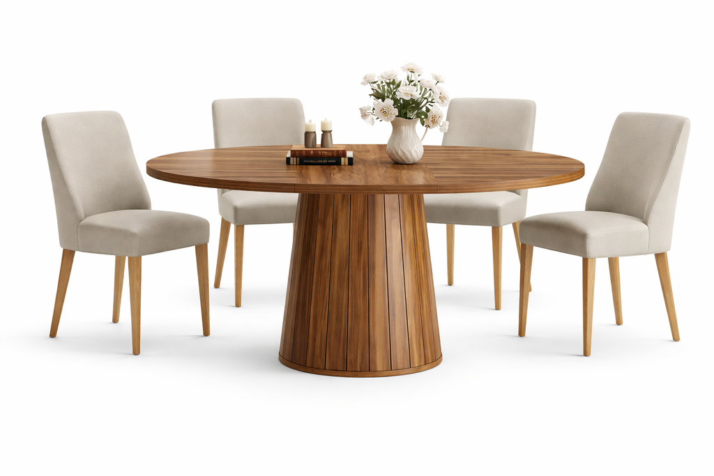 Table ronde ORÉLIA en bois massif Ø140 x H76 cm – Base cylindrique