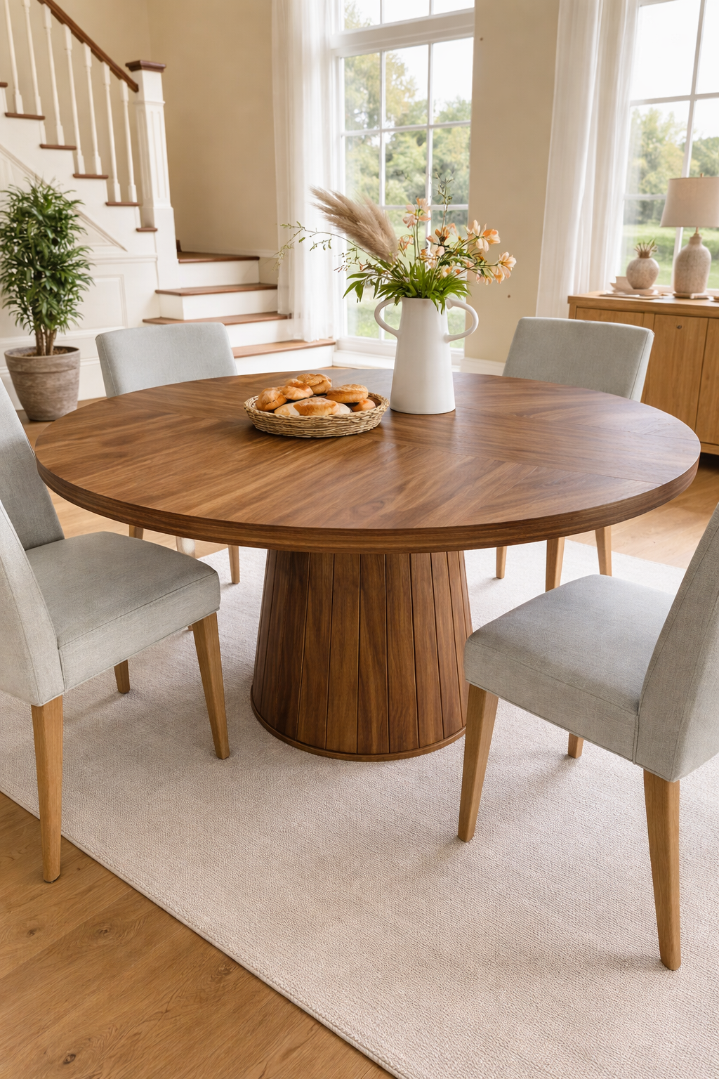 Table ronde ORÉLIA en bois massif Ø140 x H76 cm – Base cylindrique