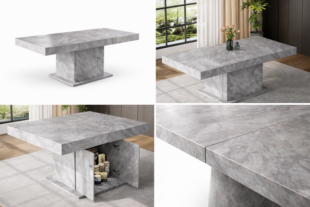 Table extensible MARMORIS 140/180 x 80 x 76 cm – Effet marbre gris avec meuble intégré