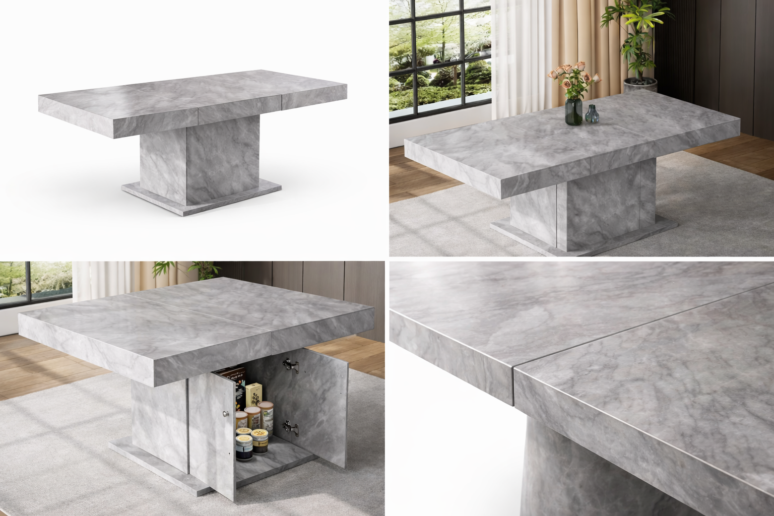 Table extensible MARMORIS 140/180 x 80 x 76 cm – Effet marbre gris avec meuble intégré