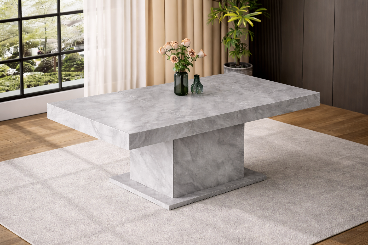 Table extensible MARMORIS 140/180 x 80 x 76 cm – Effet marbre gris avec meuble intégré