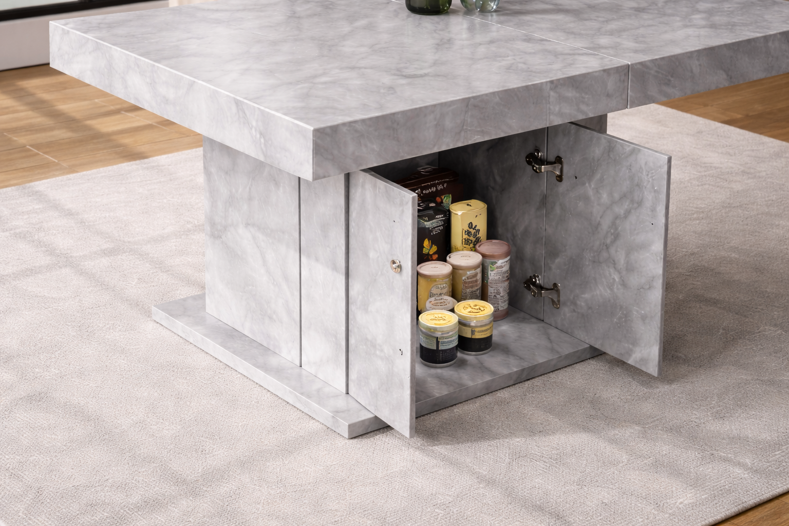 Table extensible MARMORIS 140/180 x 80 x 76 cm – Effet marbre gris avec meuble intégré